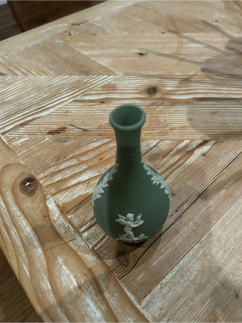 Wedgwood Green Jasperware Matte Sage Bud Vase with White Relief Leaves
